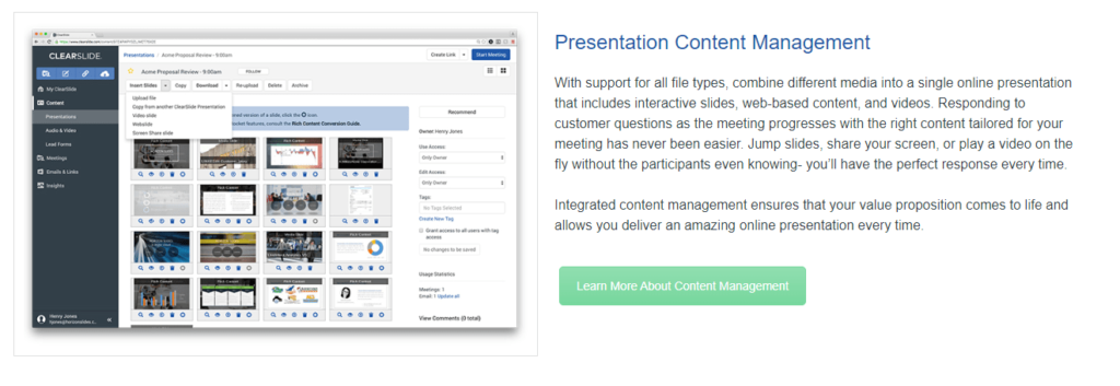 Clearslide presentation software screenshot