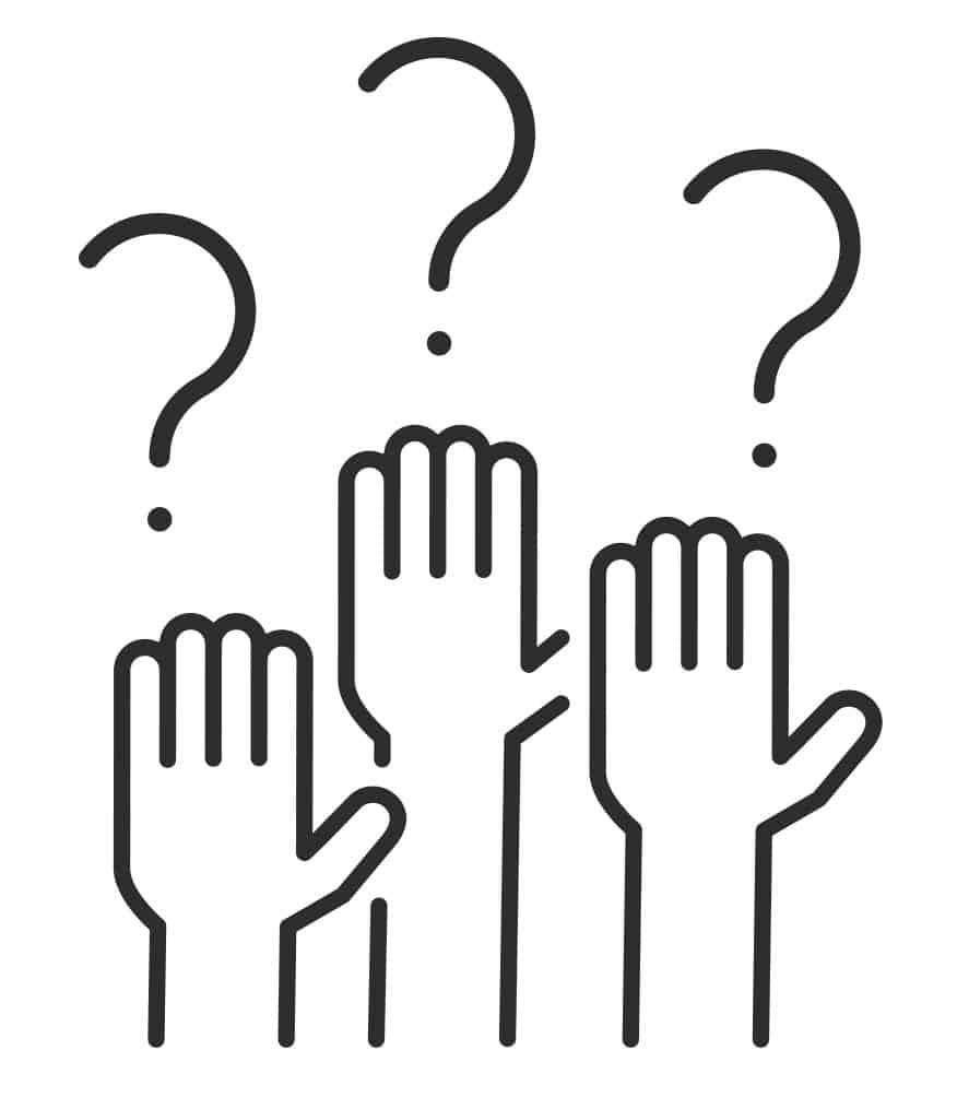 raised hands with question marks above them