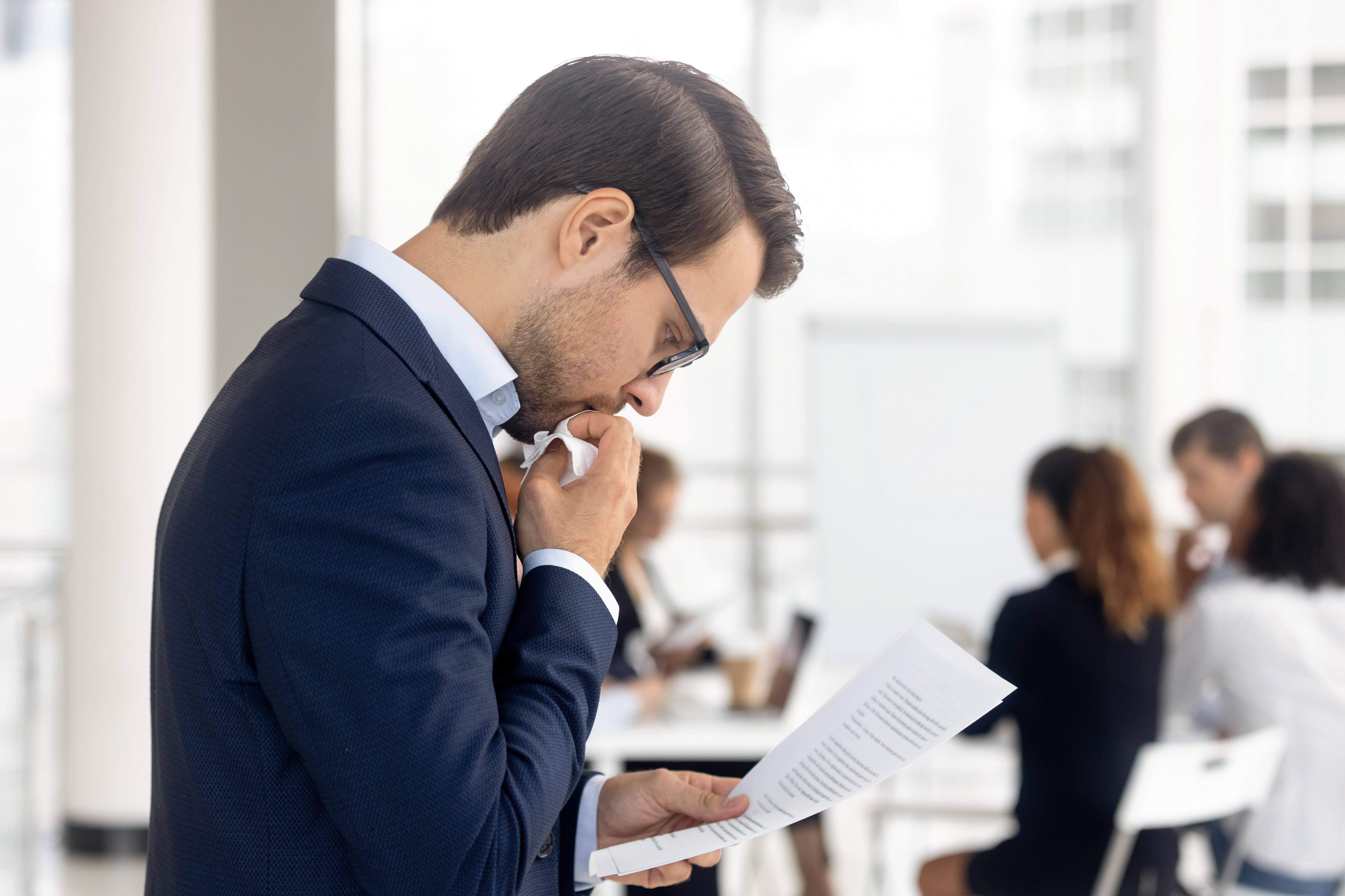 Insecure male preparing for the change from online to in-person presenting