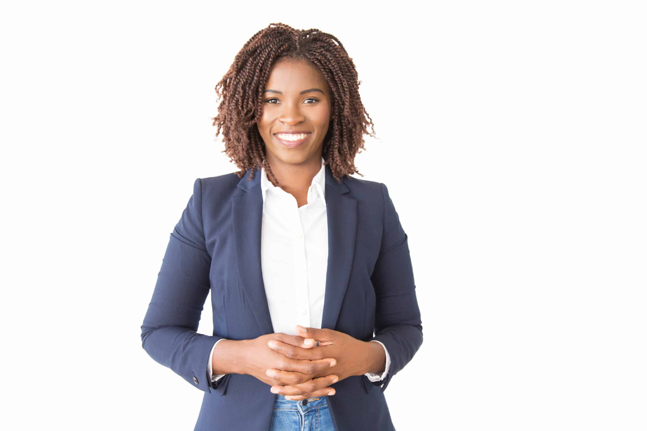 woman standing hands clasped gesture