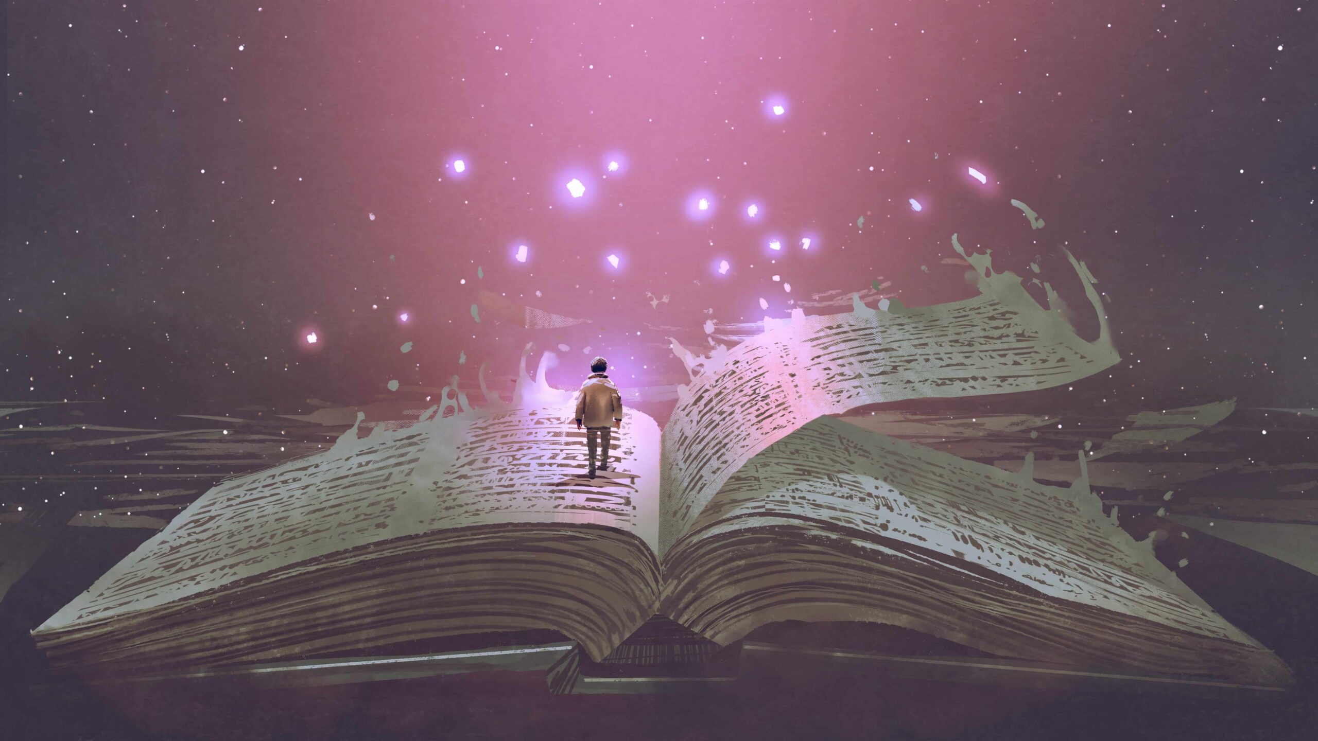 boy walking on book pages